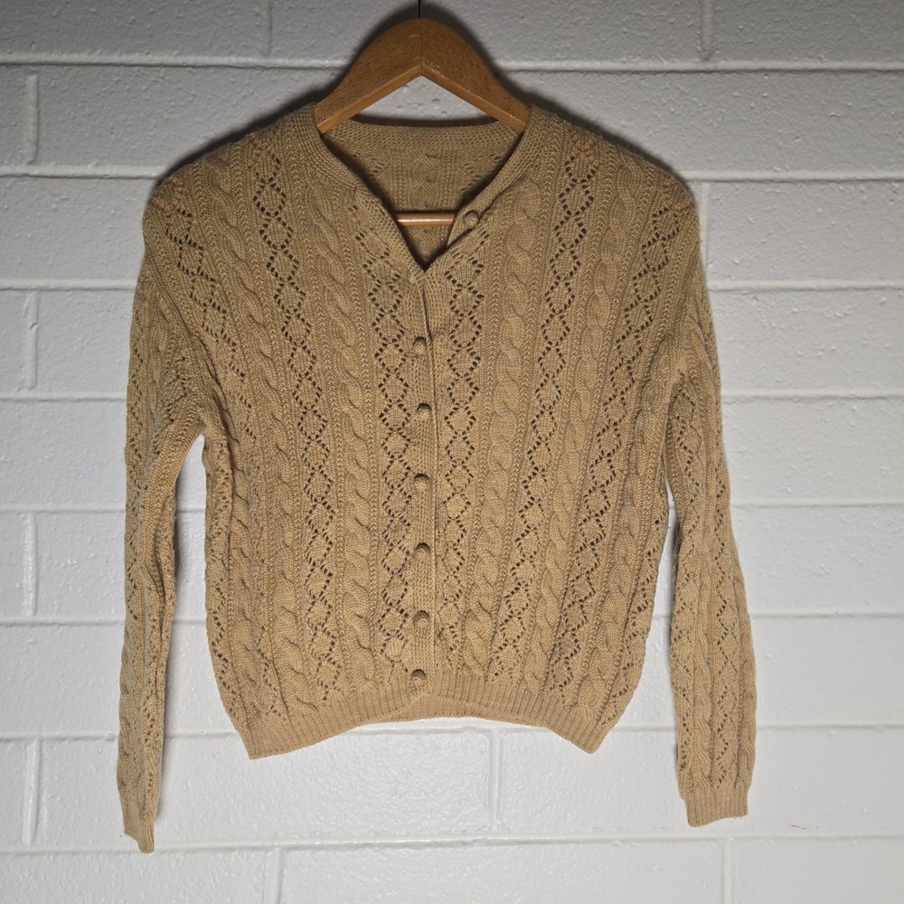 Vtg Tan Cable Knit Pointelle Cardigan Sweater XL Button Up Old‎ Money Preppy